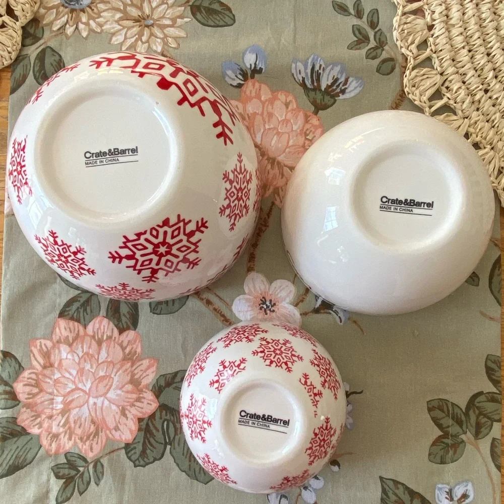 Crate&Barrel White and Red Snowflake Bowls